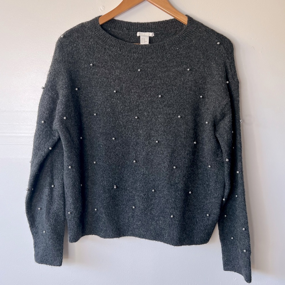 H&M Gray Pearl Crewneck Sweater, XS
